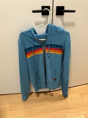 Aviator Nation Light Blue Zip Hoodie with Retro Sunset Stripes, Women’s Small